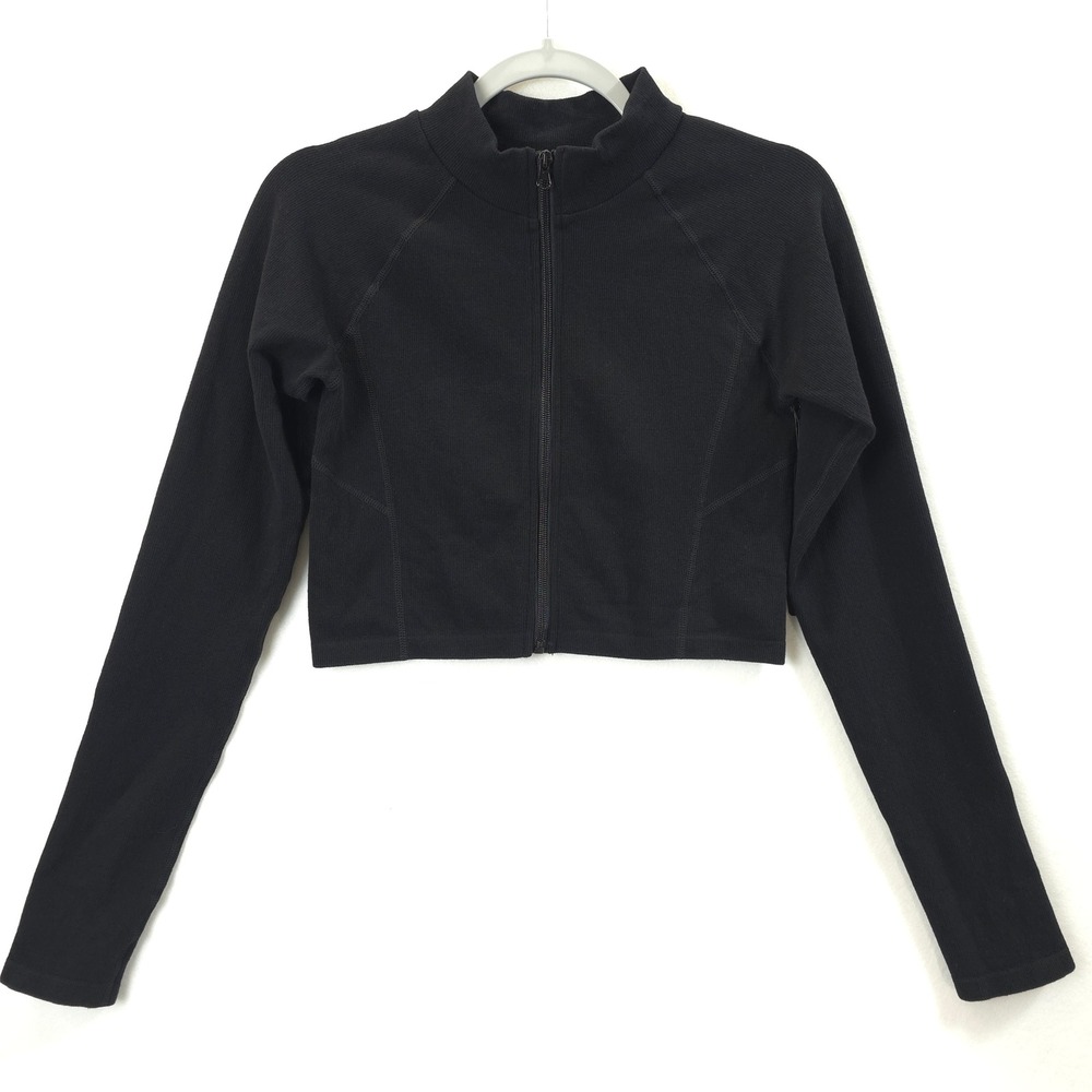 Forever 21 Active Cropped Zip Jacket Seamless Ribbed Black Women L Athleisure